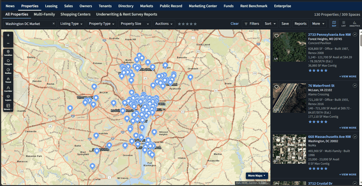 RealStar showing 130 Washington DC properties on the satellite map with the filter bar and result rail